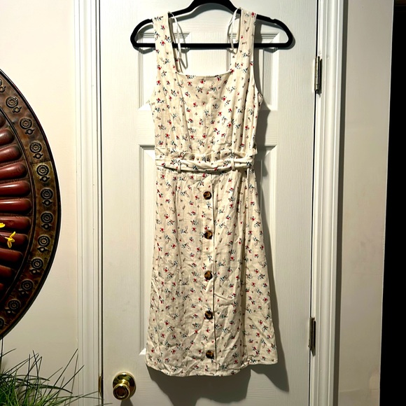 👗NWT Monteau Linen/Rayon Floral Dress Tie Waist Button Shabby Chic Cottage - Picture 2 of 16